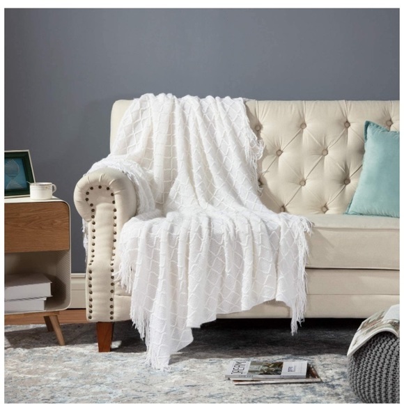 Light Pink Modern Farmhouse Boho Tassel Knit Throw Cozy Fringe Patterned Blanket - Picture 7 of 16